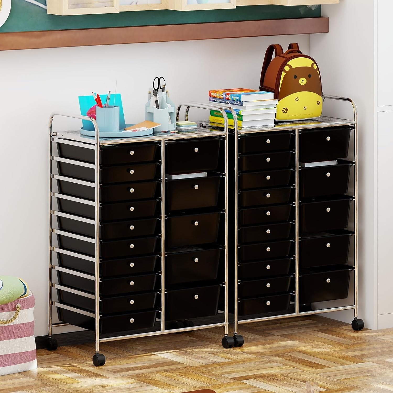 15 Drawer Storage Trolley Mobile Organizer Rolling Cart Lockable Wheels Black