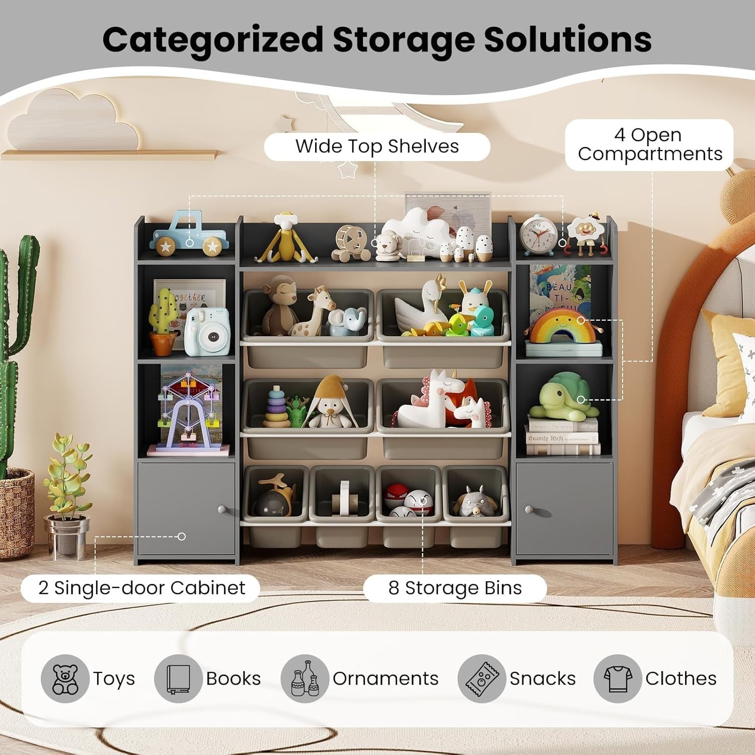 Kids Toy Storage Unit with Bins & Shelves – Large Grey Bookshelf 142cm