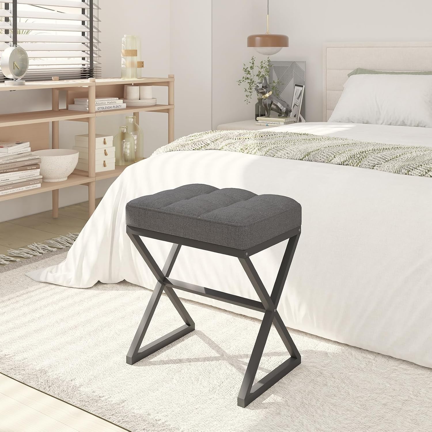 Grey Linen Vanity Stool with X-Shaped Metal Legs Footrest Bench 40×30×46cm
