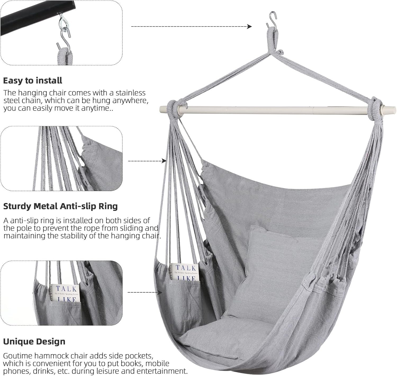Hammock Chair Swing Grey w/ Pillows, Bar & Bag | Indoor Outdoor 330lbs