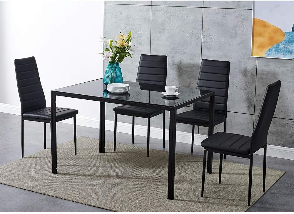 Modern 4-Seater Black Glass Dining Table Set with PU Leather Chairs