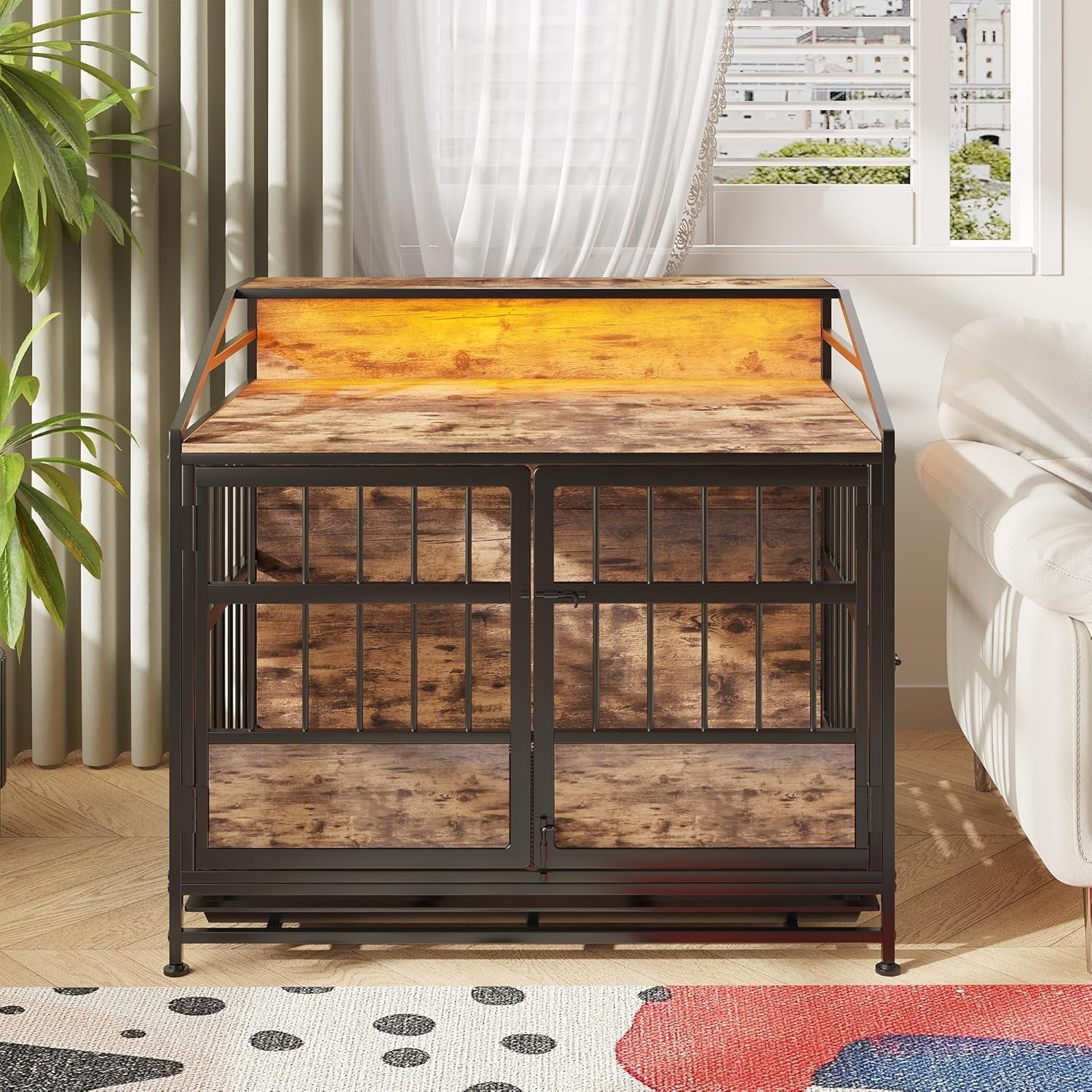 Heavy Duty Dog Crate Furniture with LED Light & Removable Tray, Medium