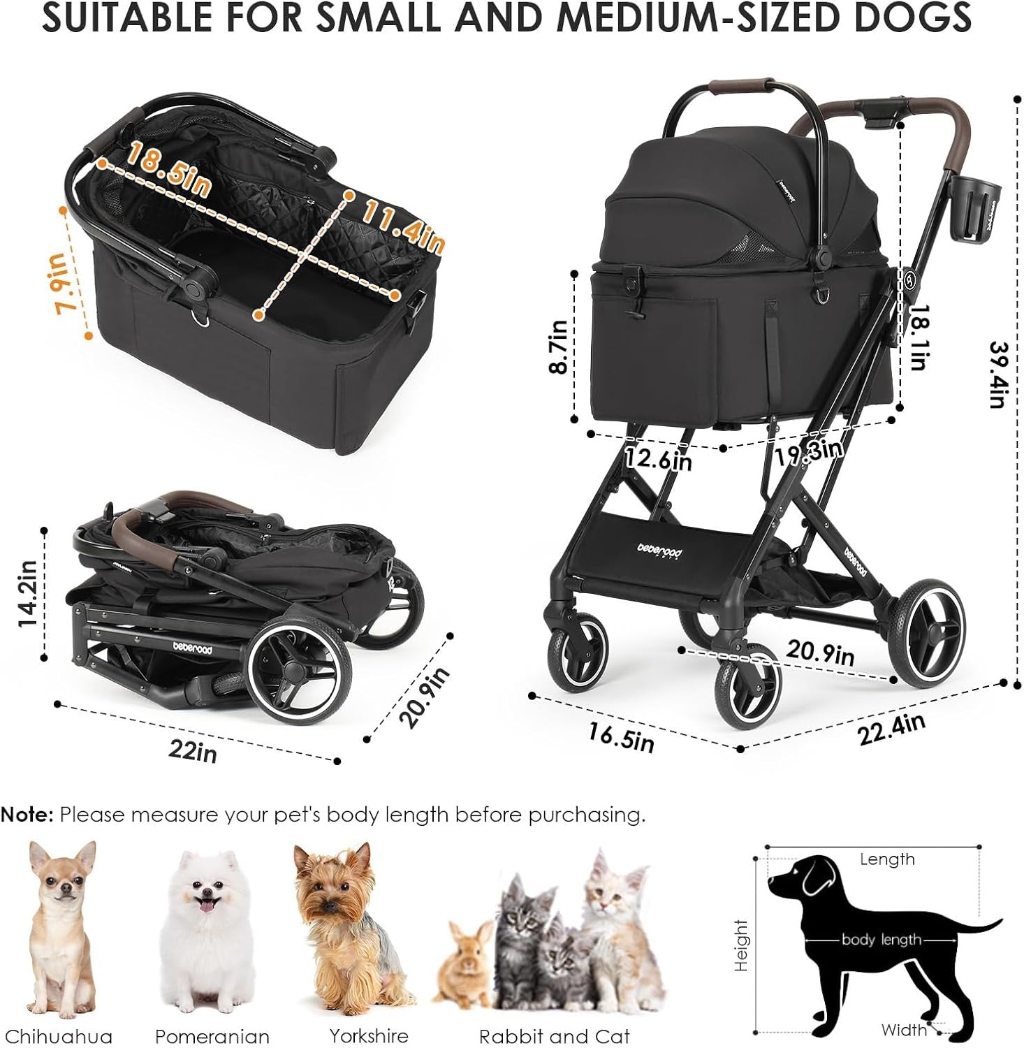 Pet Stroller Dog Pram 3 in 1 Detachable Carrier Foldable for Small Pets