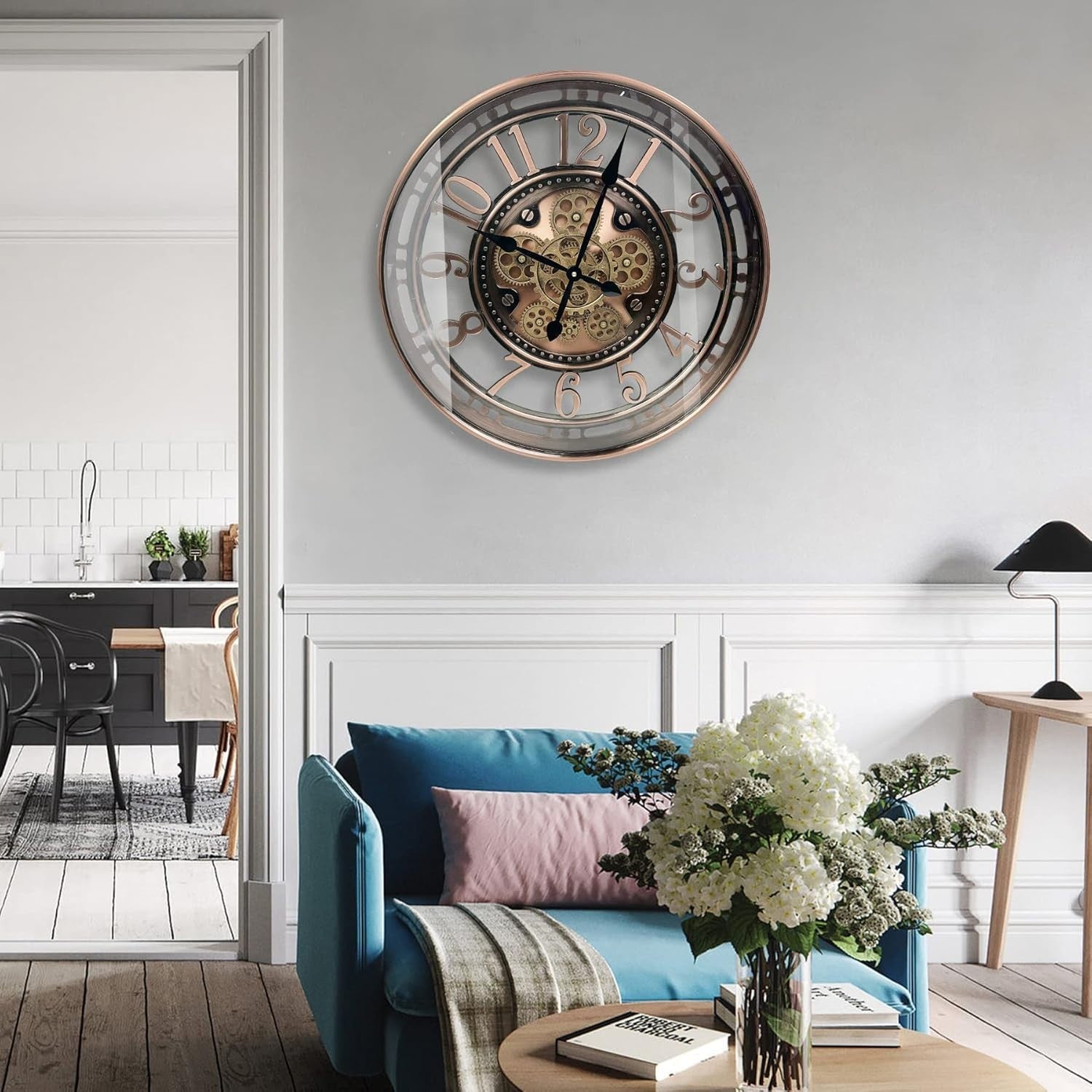 Large Steampunk Wall Clock Moving Gears Silent Vintage Metal 53.5cm