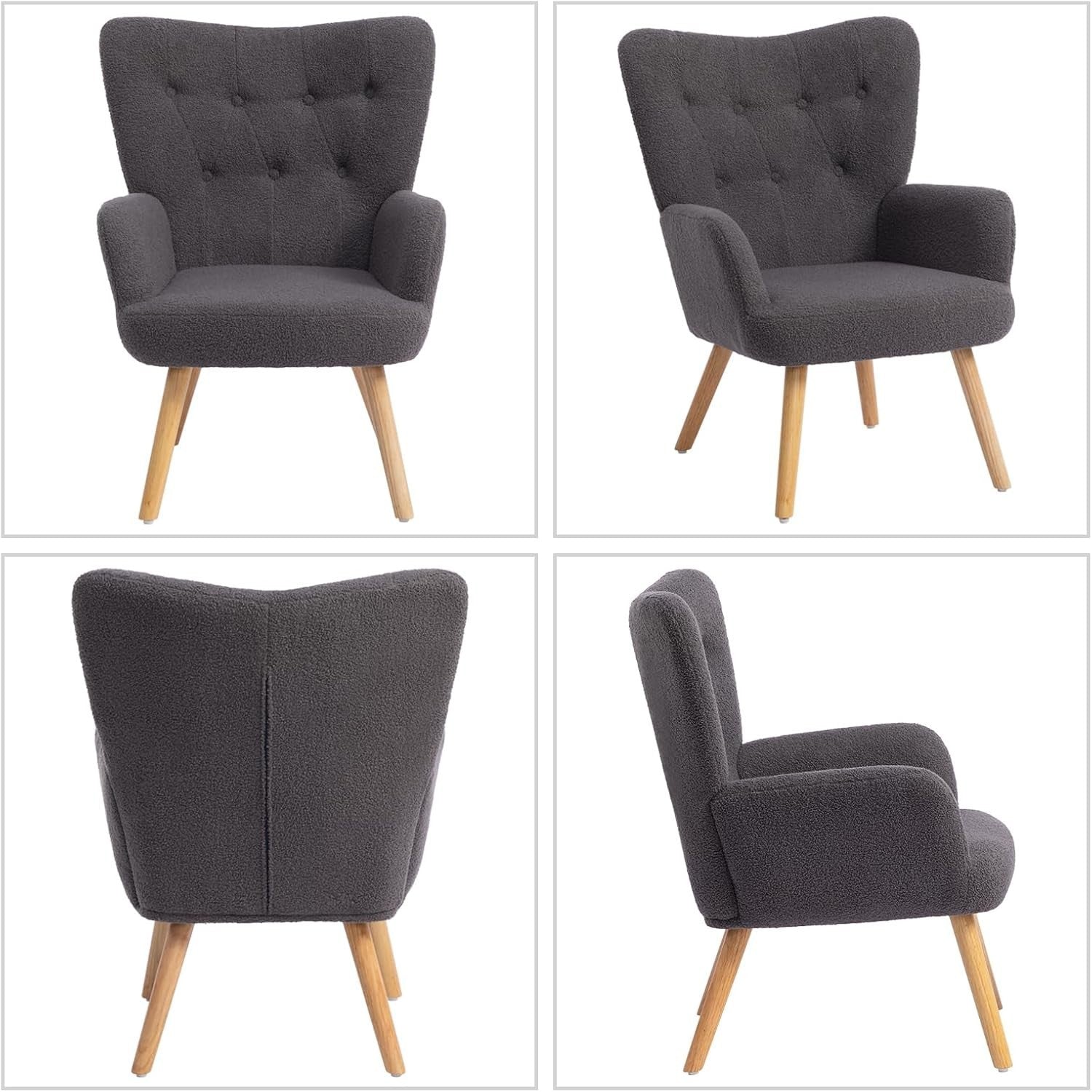 Grey Velvet Armchair with Footstool, Comfy Reading Lounge Chair Set