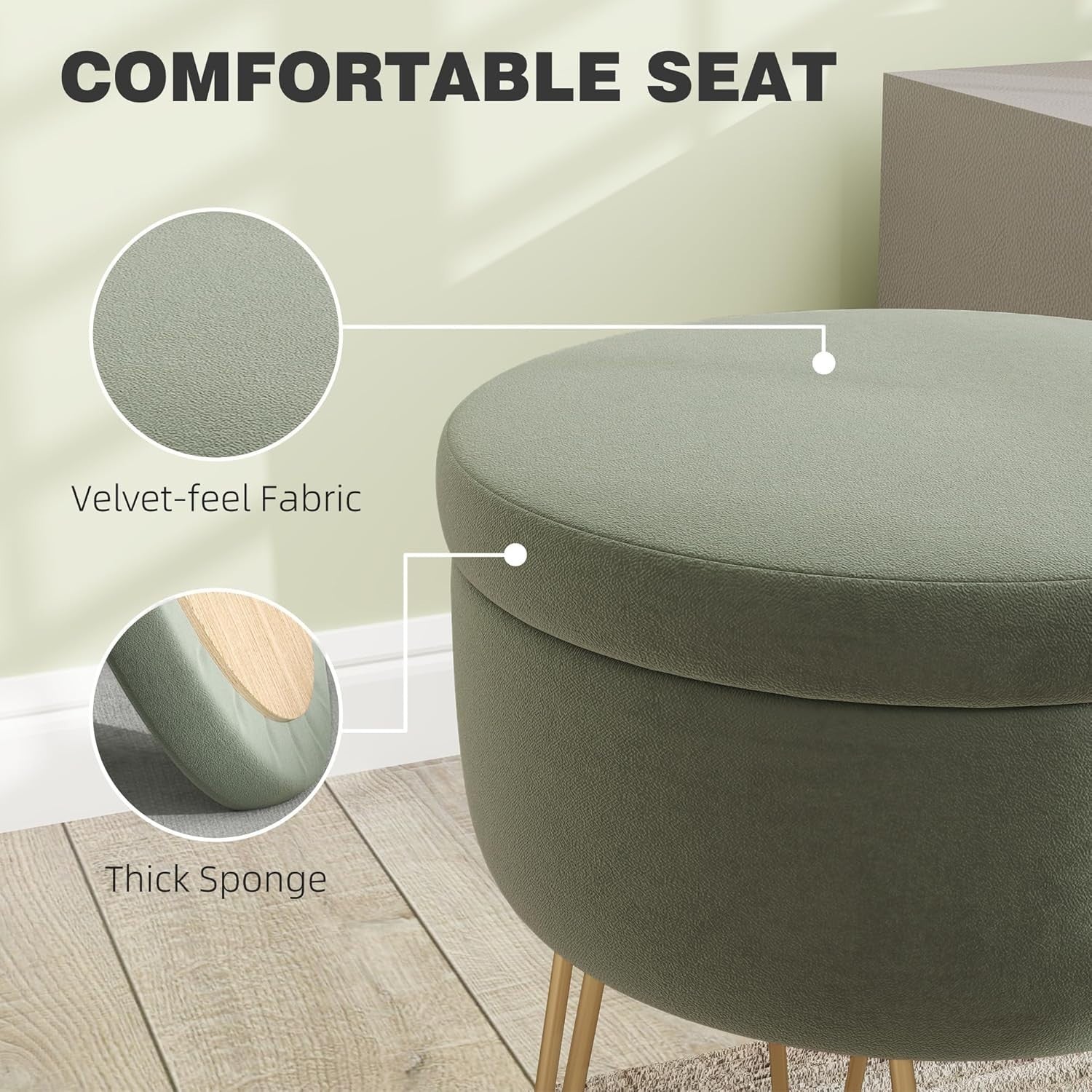 Green Velvet Storage Ottoman Round Footstool Hairpin Leg Stool 33x43cm