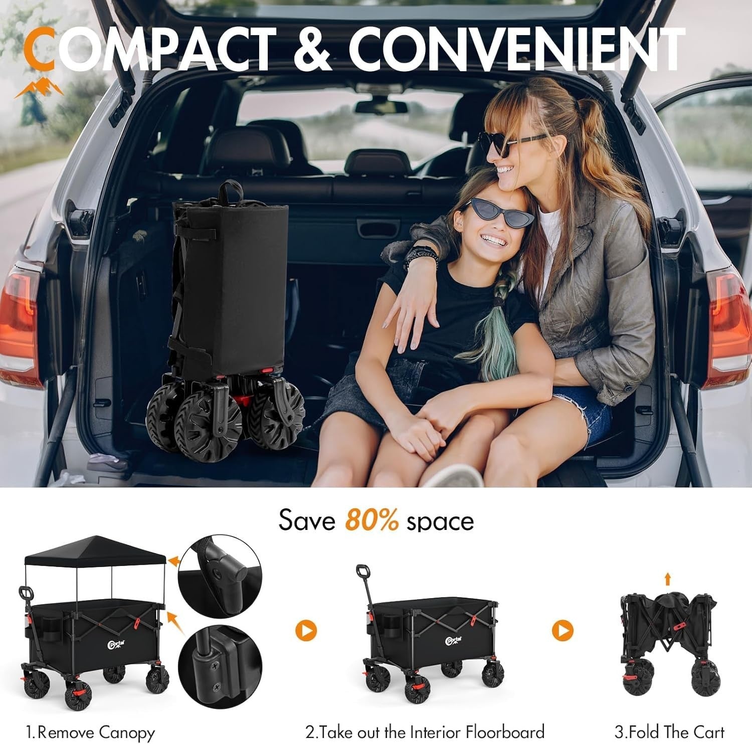 Black 350L Folding Beach Trolley XXL Wagon w/ Canopy Tailgate & Brakes