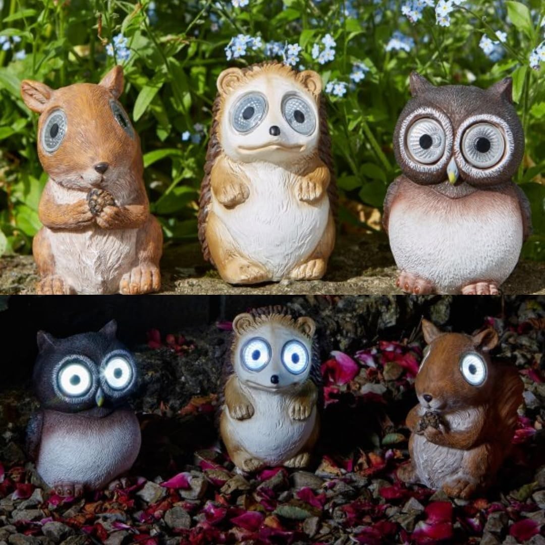Solar Garden Animal Lights 3-Pack • Owl Hedgehog Squirrel • Outdoor