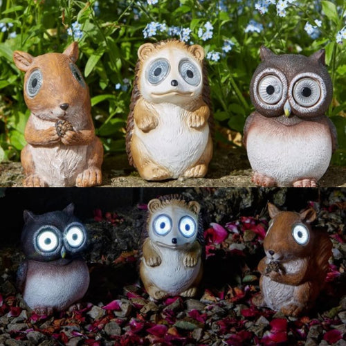 Solar Garden Animal Lights 3-Pack • Owl Hedgehog Squirrel • Outdoor