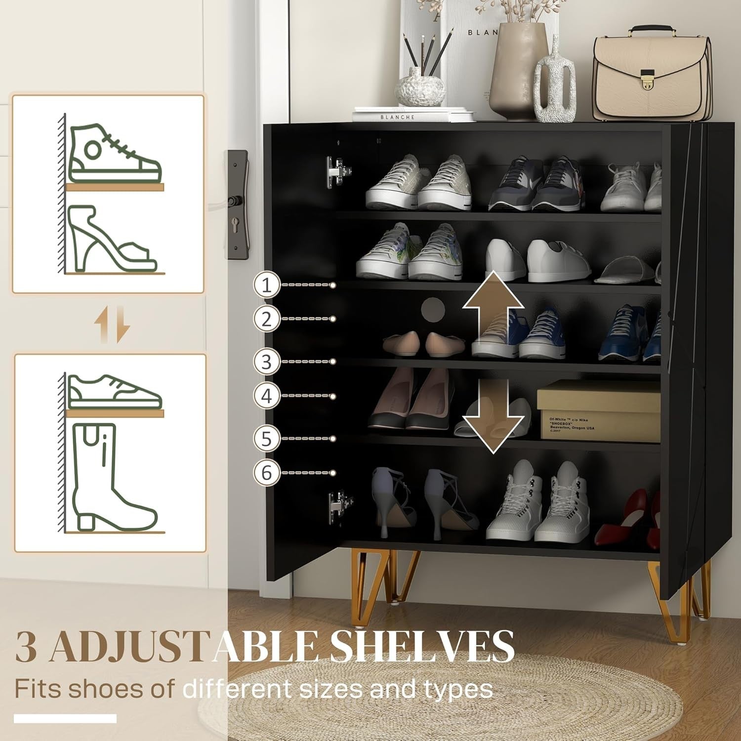 Slim High Gloss Black Shoe Cabinet with Soft-Close Doors & Adjustable Shelves