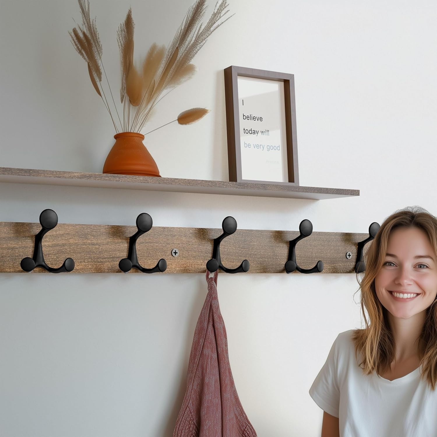 Wood Burnt Wall Coat Rack 6 Triple Hooks | 99cm Rustic Hanging Rail