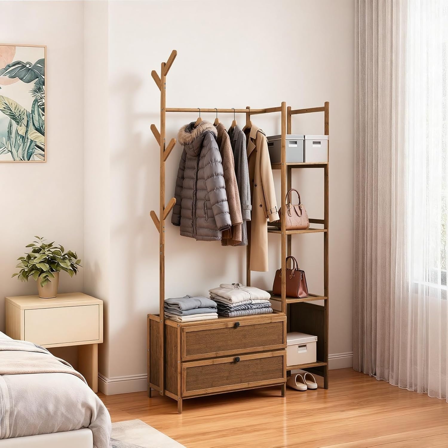 Bamboo Clothes Rail with Shelves & Hooks, Tea Wardrobe