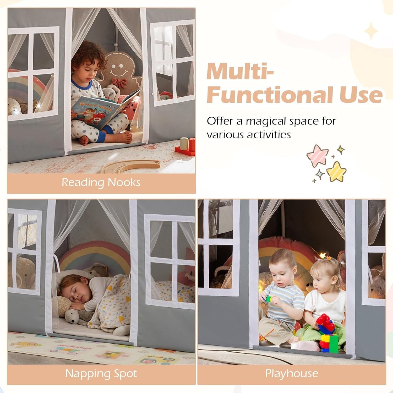 Grey Kids Castle Play Tent Star Lights Large Indoor Fairy House