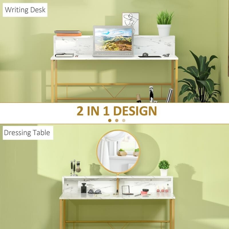 Modern White Vanity Desk w/ Mirror Marble Top Makeup Table Gold Legs