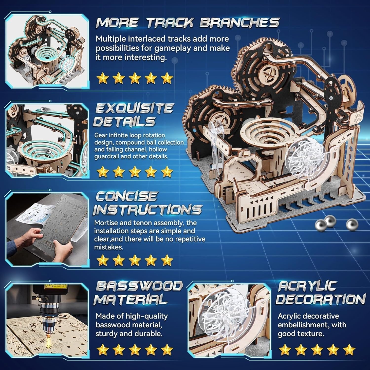 Electric 3D Wooden Marble Run Puzzle - Hands-On Mechanical Model Kit