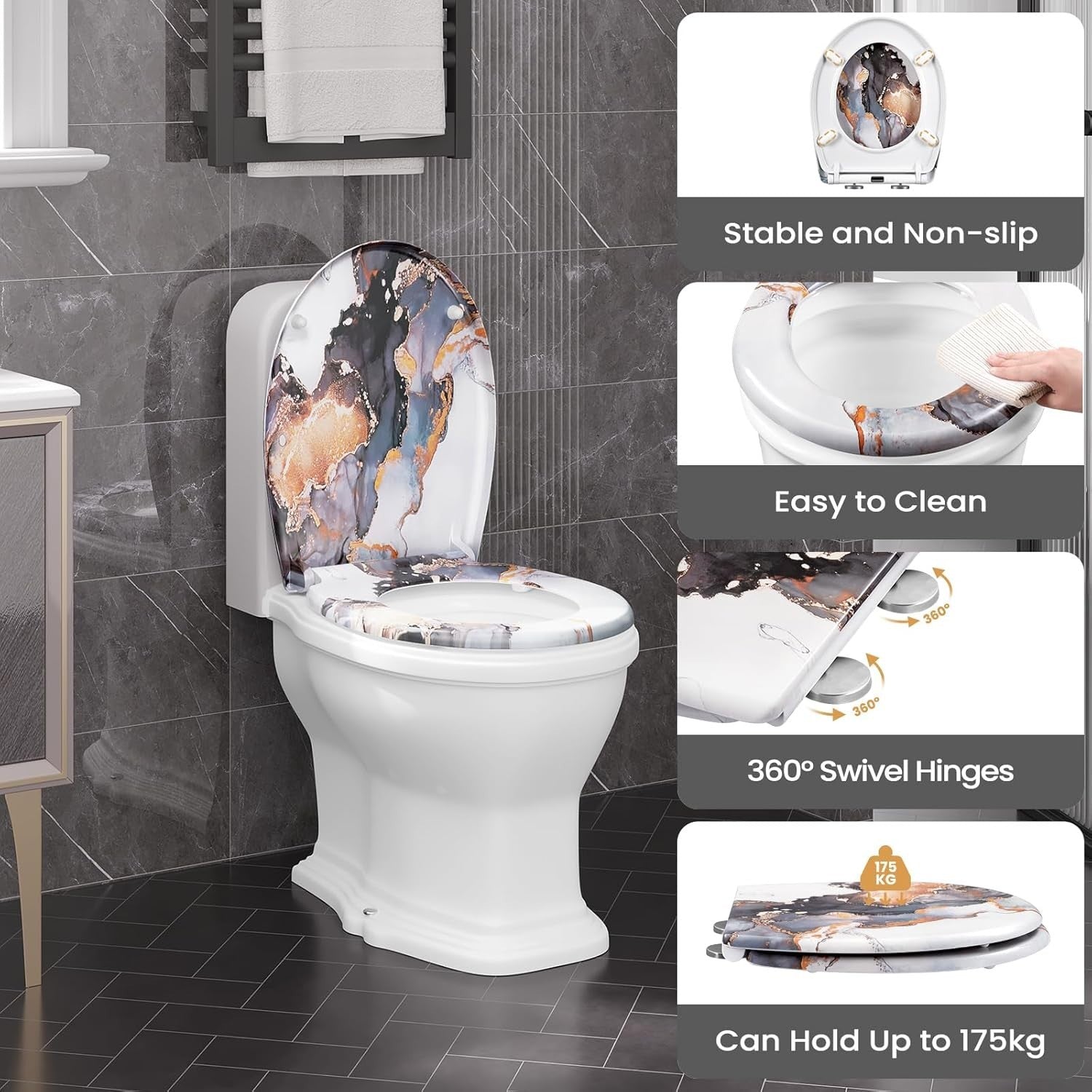 O-Shaped Toilet Seat Soft Close Quick Release Duroplast Adjustable Hinges 175kg