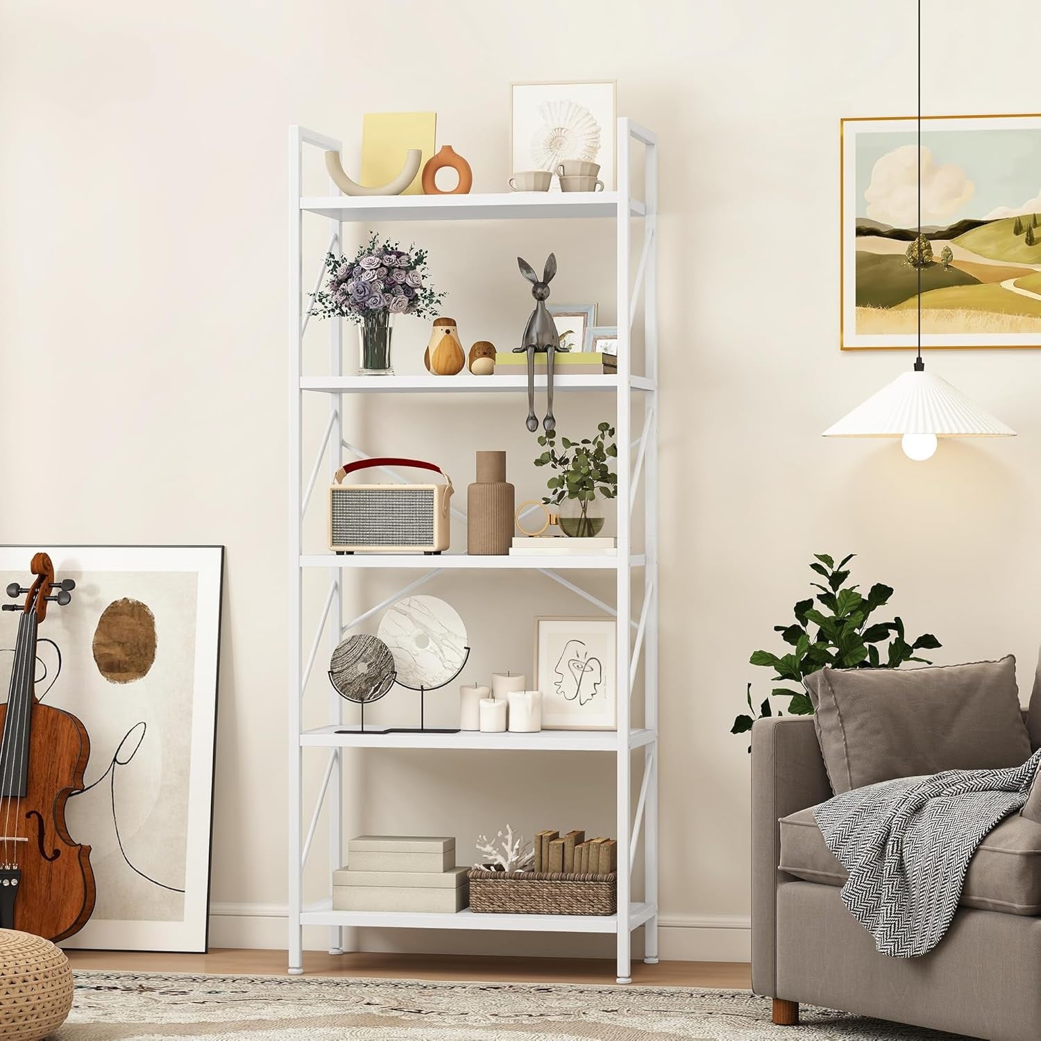 5-Tier White Industrial Bookshelf Metal Frame Wood Shelving Storage Unit