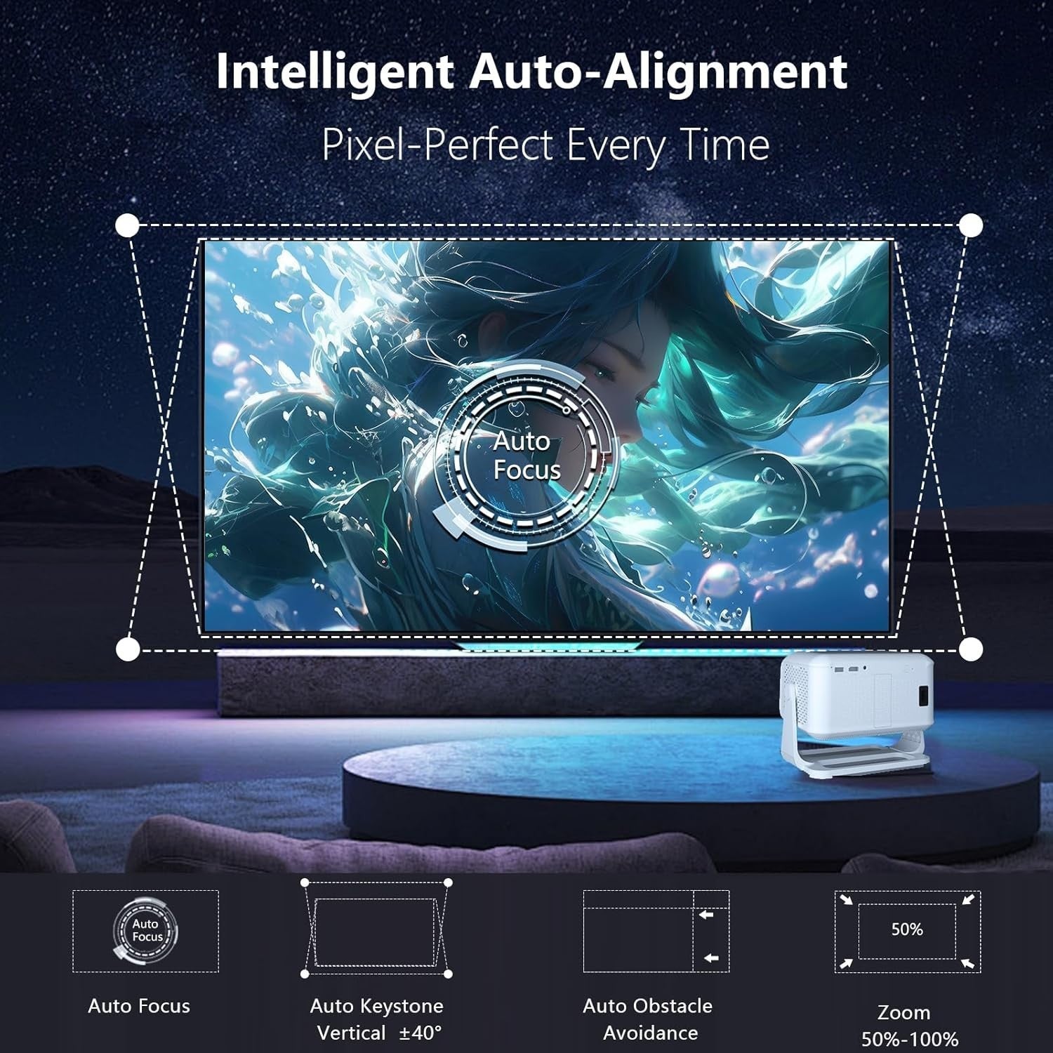 Smart 1080P Projector Netflix Android WiFi 6 Bluetooth Auto Focus