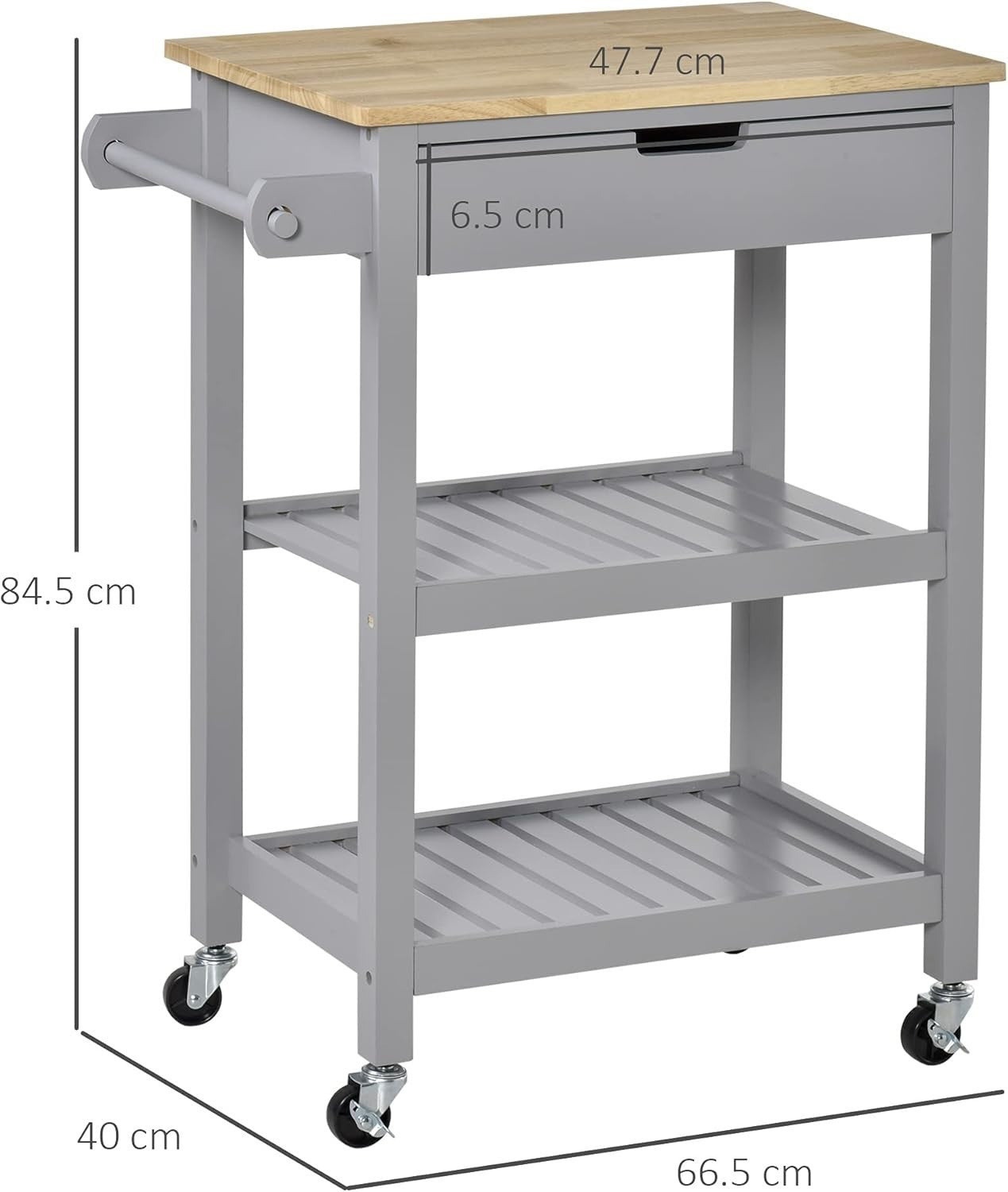 Kitchen Trolley Cart on Wheels w/ Wood Top Drawer Shelves