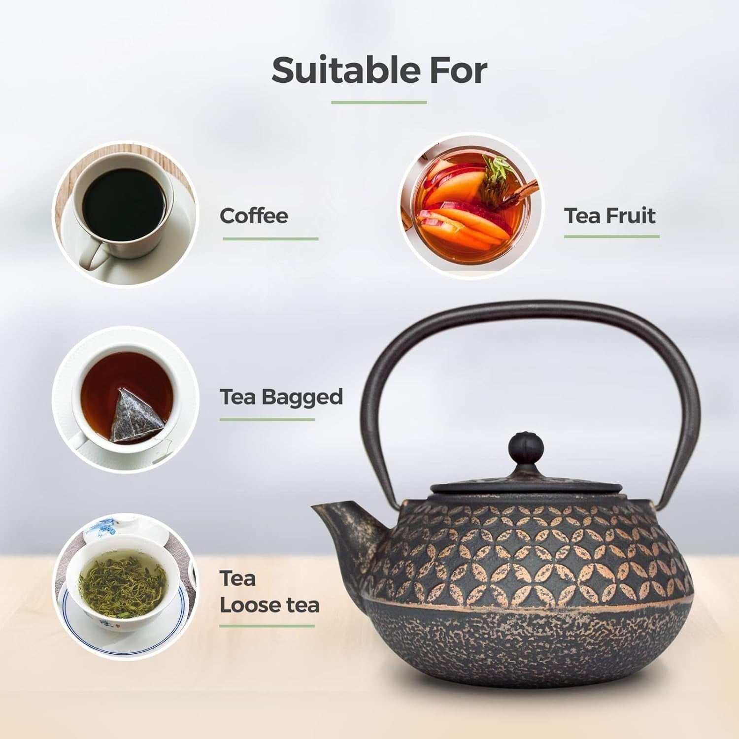 Cast Iron Teapot 900ml Tea Pot w/ Stainless Steel Infuser Black Gold