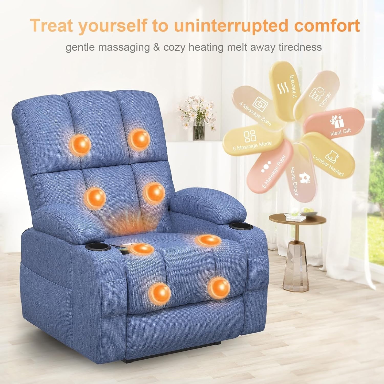 Blue Lift Recliner Chair Elderly Massage Heat USB Cup Holders Extended Footrest