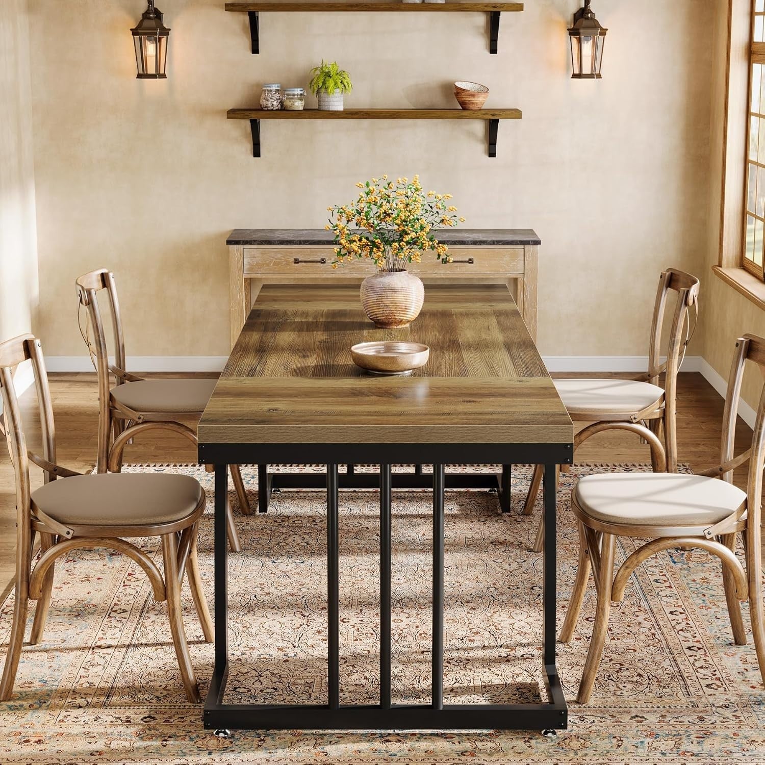 Rustic Dining Table Wood Metal Frame 6 Seater Kitchen Table Sturdy