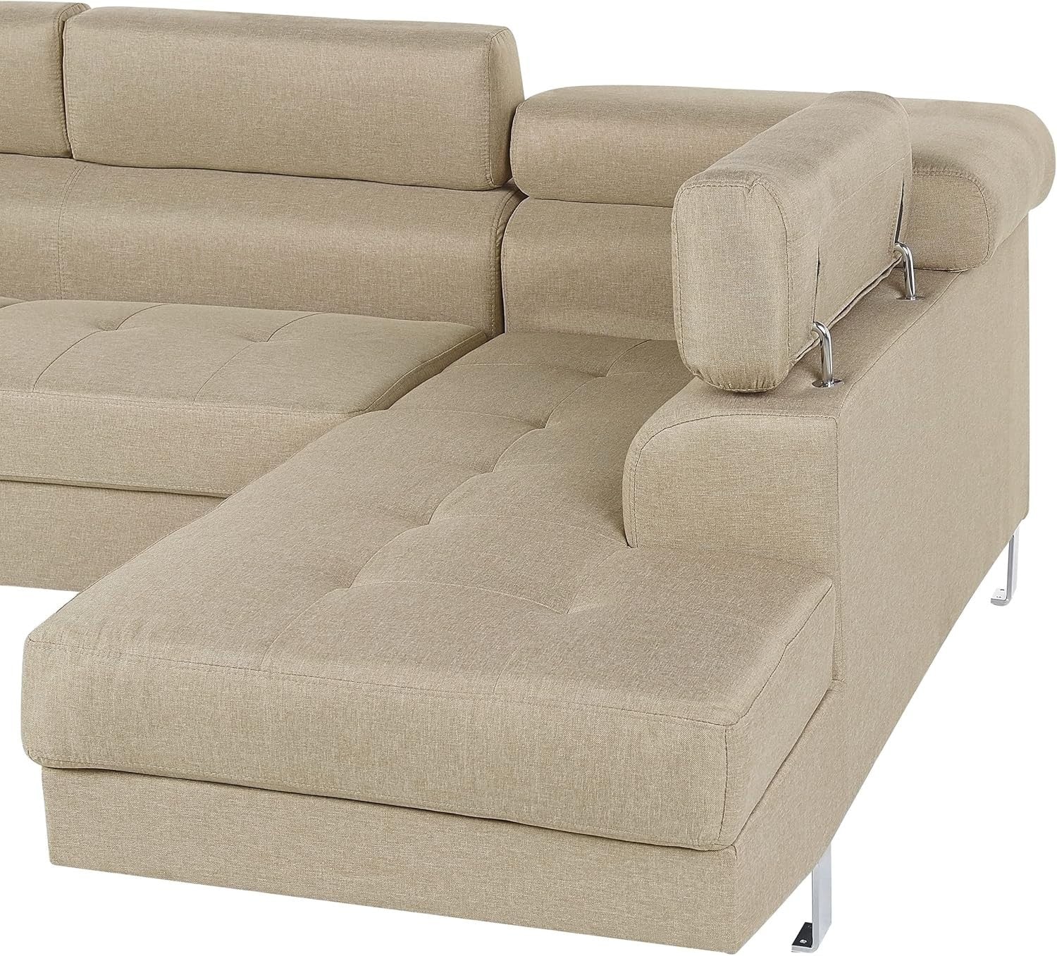 Large 5-Seater Corner Sofa Fabric Upholstered Light Beige Adjustable Headrests