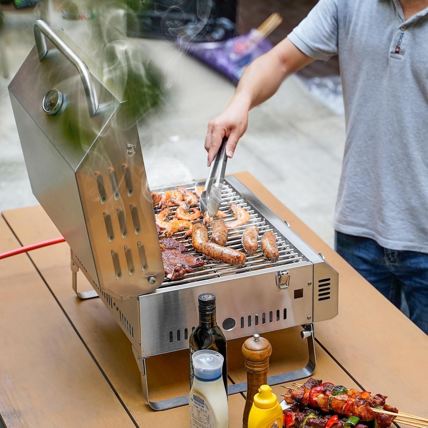 Portable 2 Burner Gas BBQ Grill Tabletop Stainless Steel Outdoor Camping Cooker
