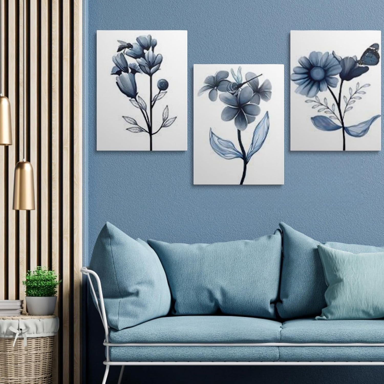 Blue Floral Wall Art Set of 3 Framed Canvas Prints 30x40cm Decor