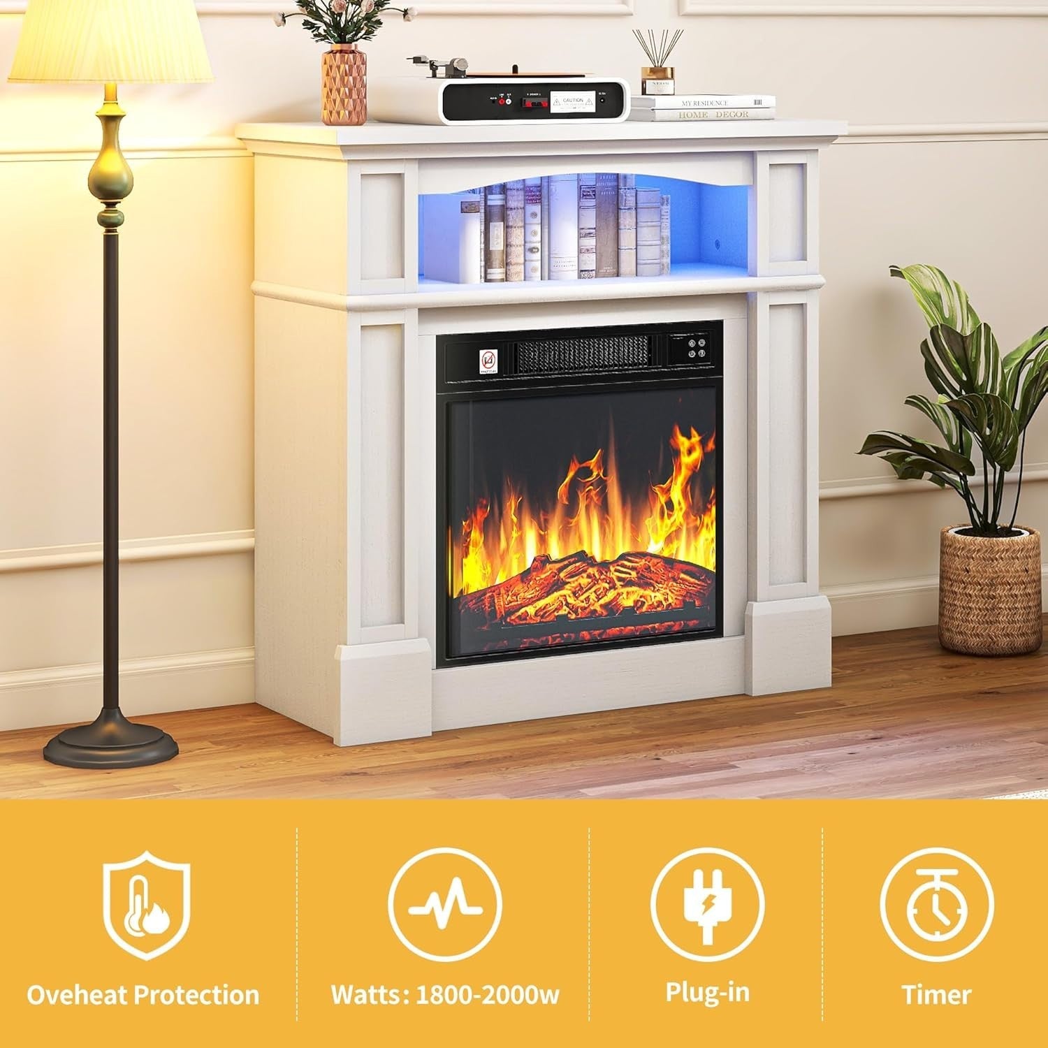 Electric Fireplace Heater 18" with Realistic LED Flames & Remote Control