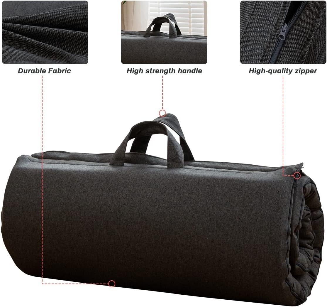 Foldable Futon Bed Roll Mat Zipper Handle Foam Pad Grey Travel Mattress