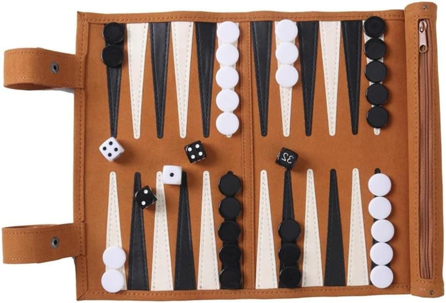 Travel Backgammon Set Roll Up Leather Board Portable 2 Player Game