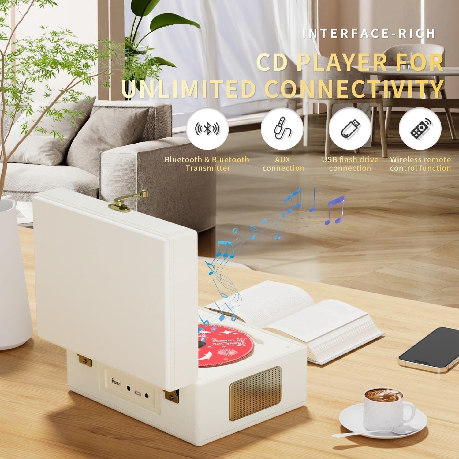 Rechargeable Leather CD Player w Speakers Bluetooth USB Remote