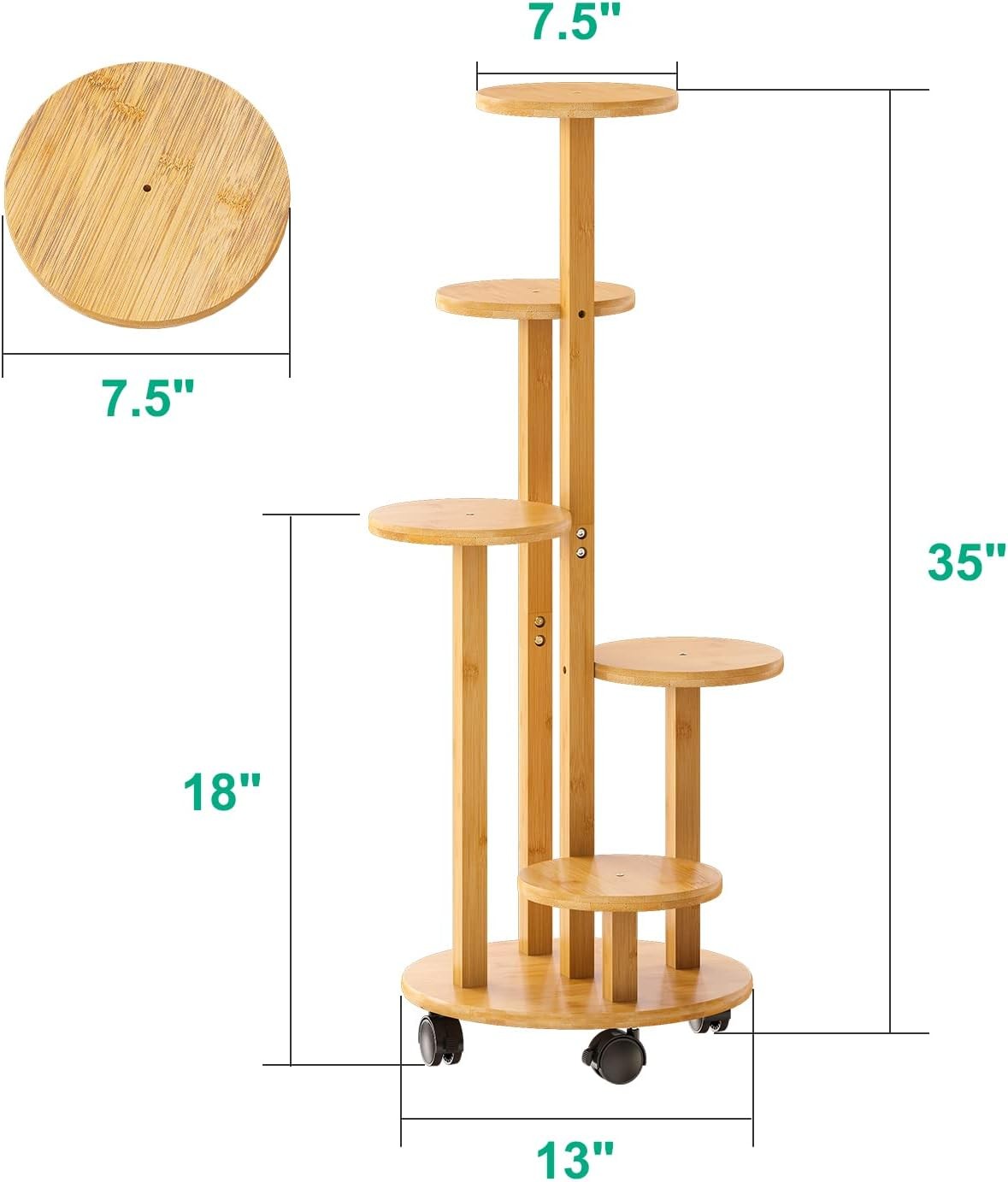 5 Tier Natural Bamboo Plant Stand with Wheels Indoor Outdoor Corner Shelf