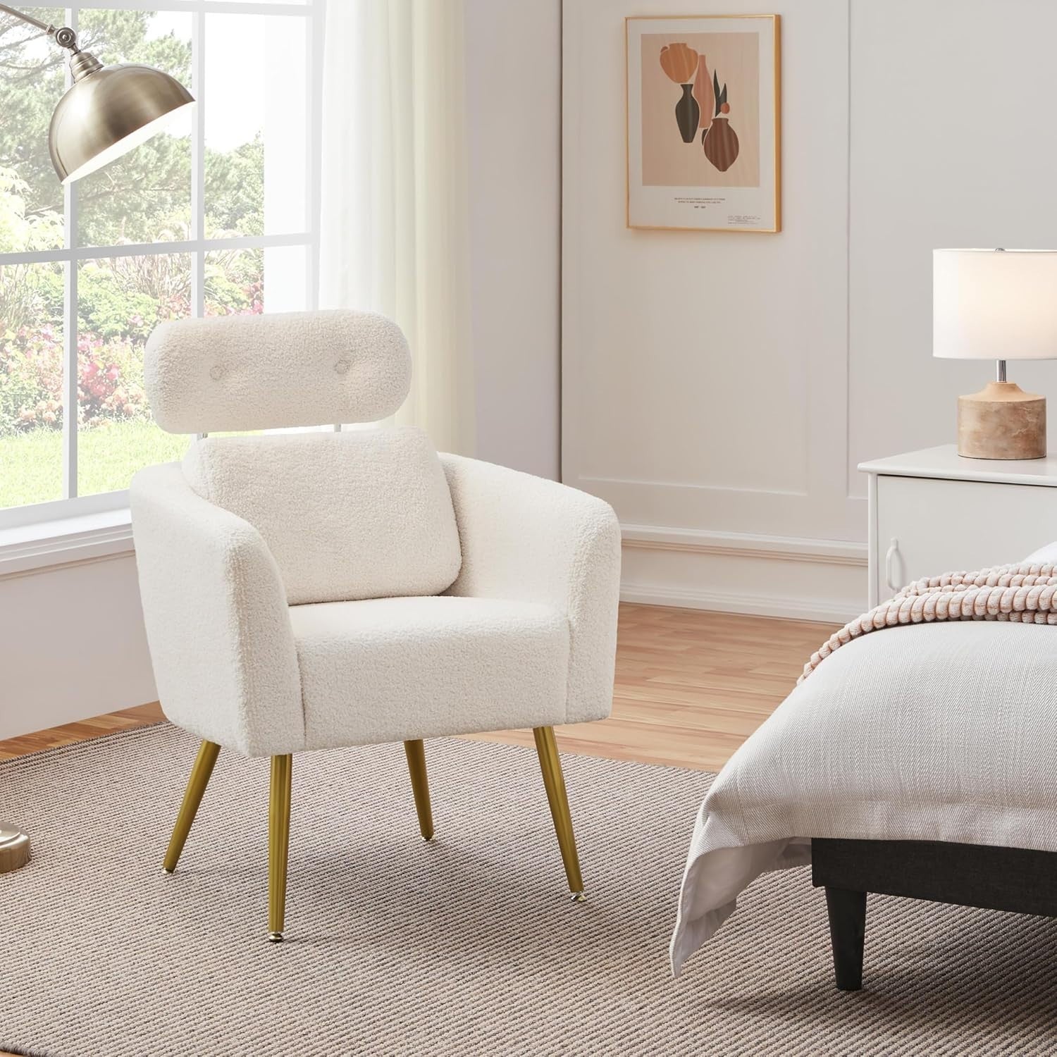 2x White Boucle Accent Chairs Adjustable Headrest Lumbar Lounge Armchairs