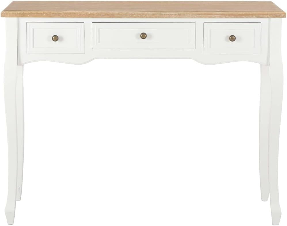 Compact Console Table with 3 Drawers, Pinewood, White & Brown, 35x100x78 cm