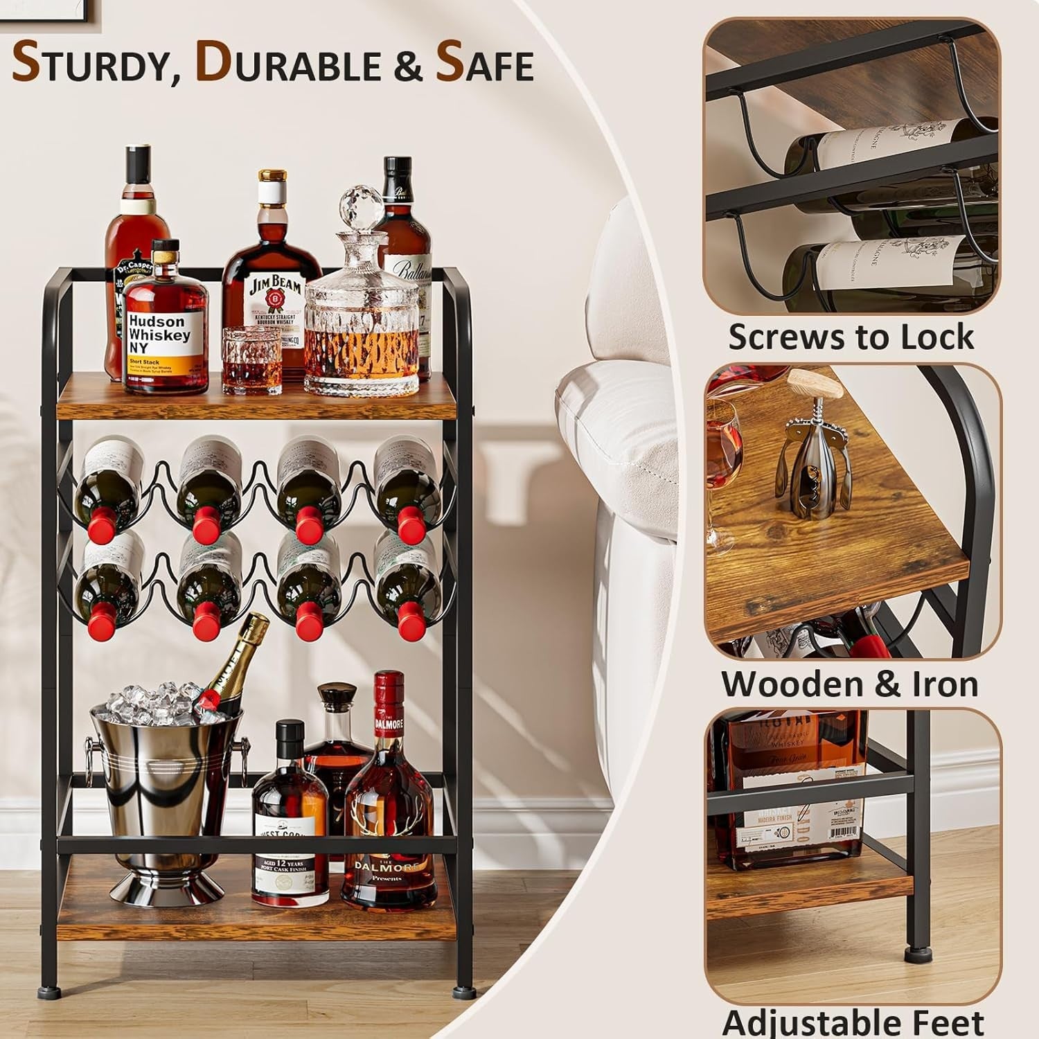 Free Standing Wine Rack with Shelves & Table Top 8 Bottle Storage Metal Wood Bar