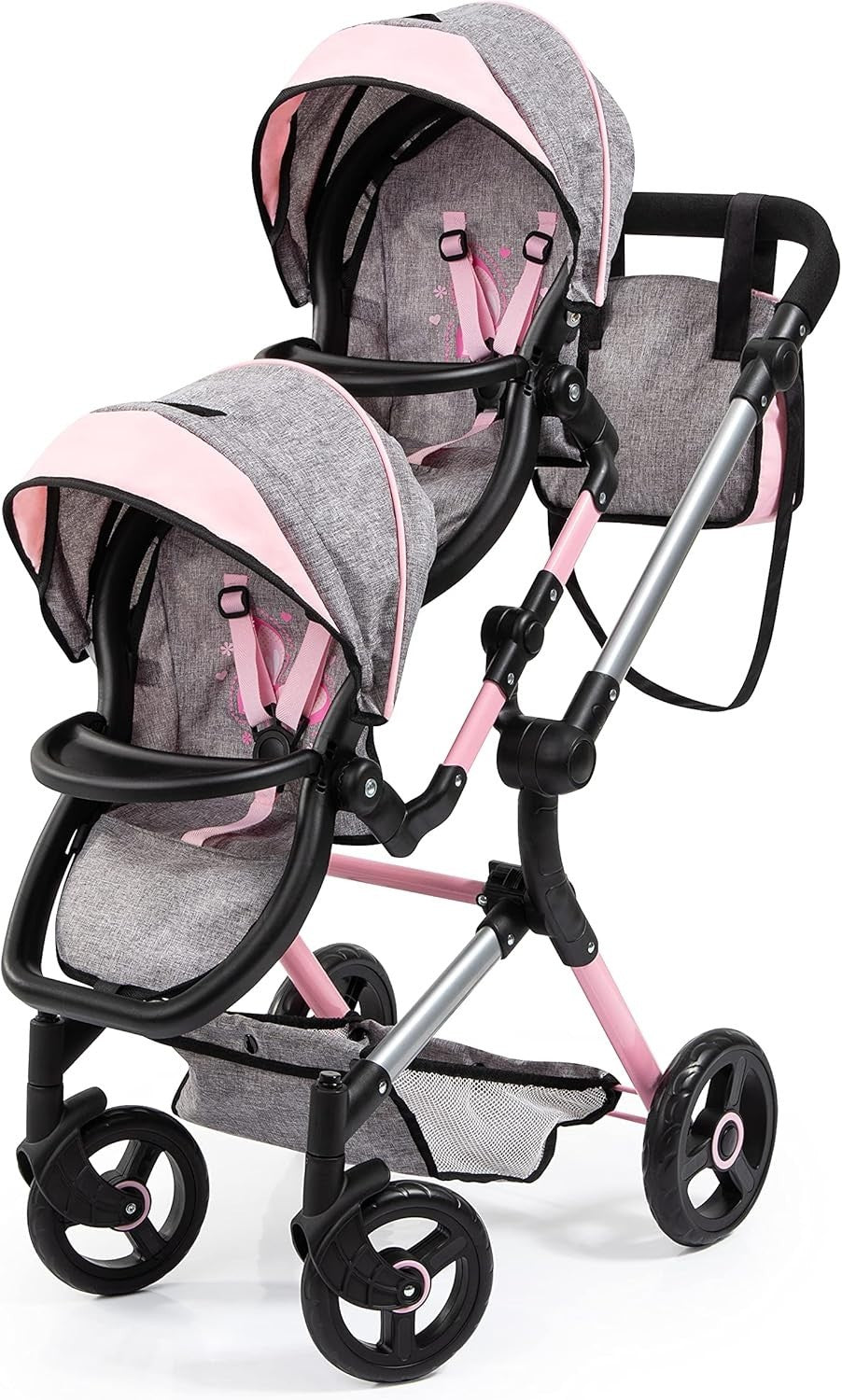 Twin Doll Pram Double Stroller Adjustable Handle Foldable Basket Bag
