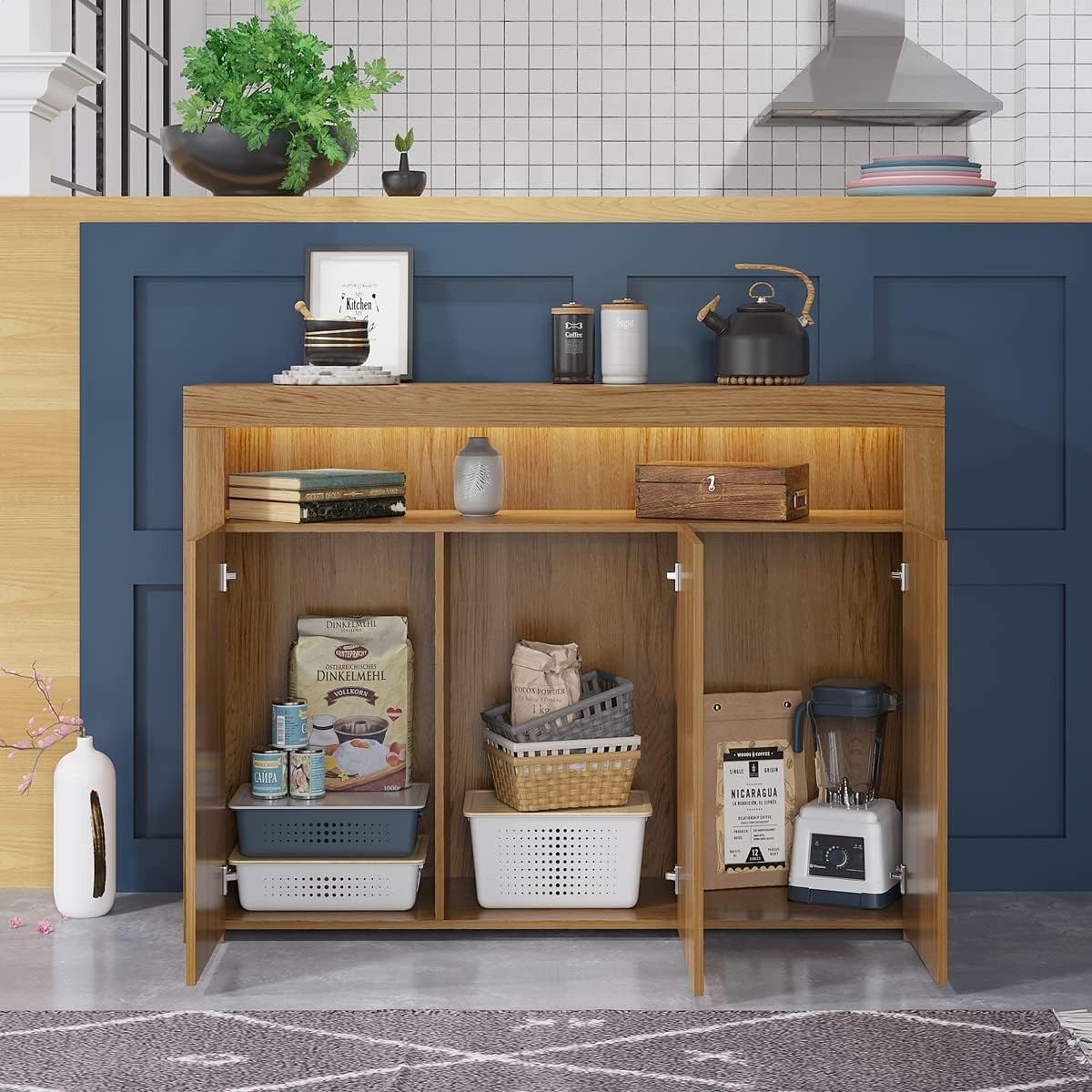 Oak Sideboard Cupboard Unit with 3 Doors, Shelf & LED Light – 130cm Wide