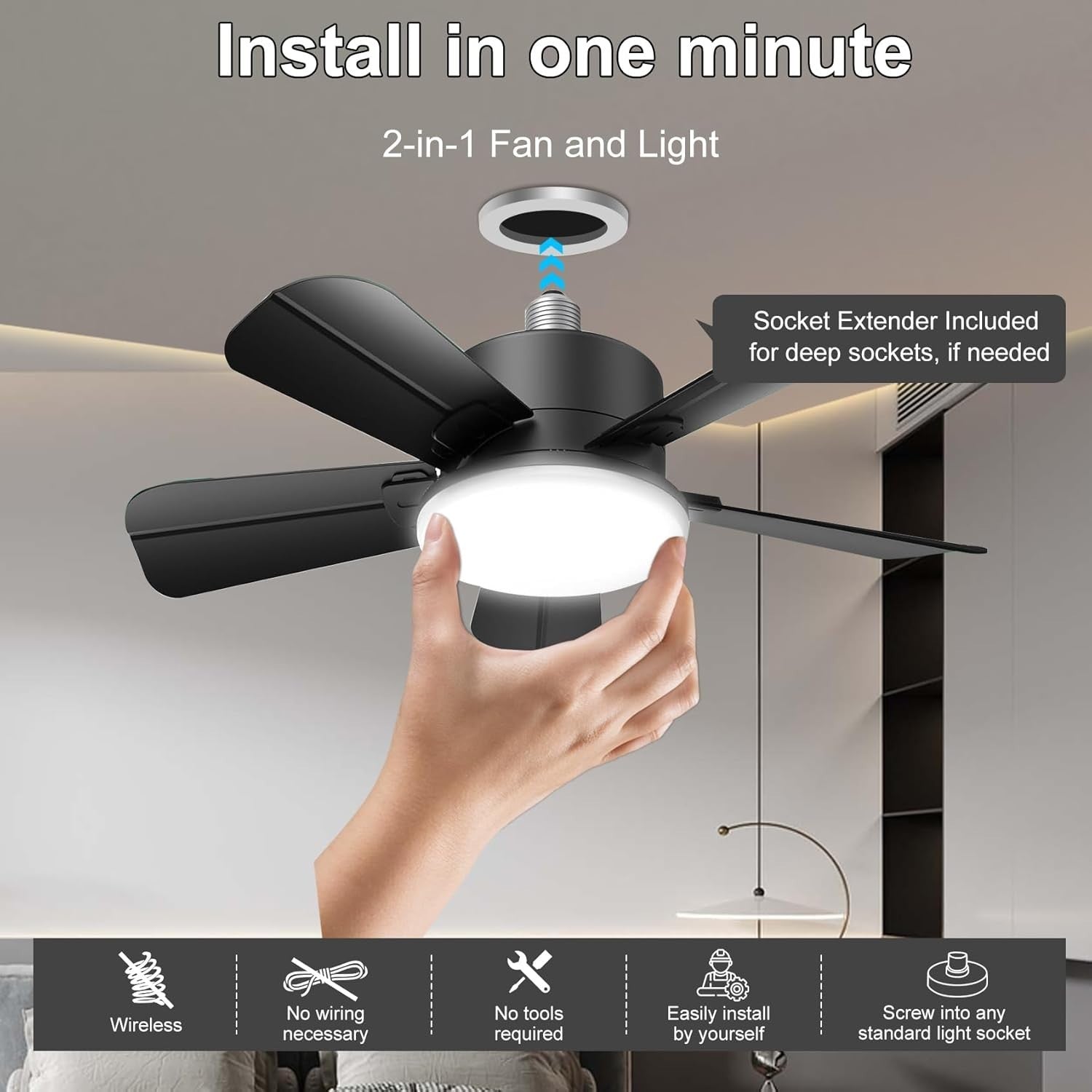 Seyxicnor Socket Ceiling Fan with Light, Remote, E27, 6-Speed, Black, LED