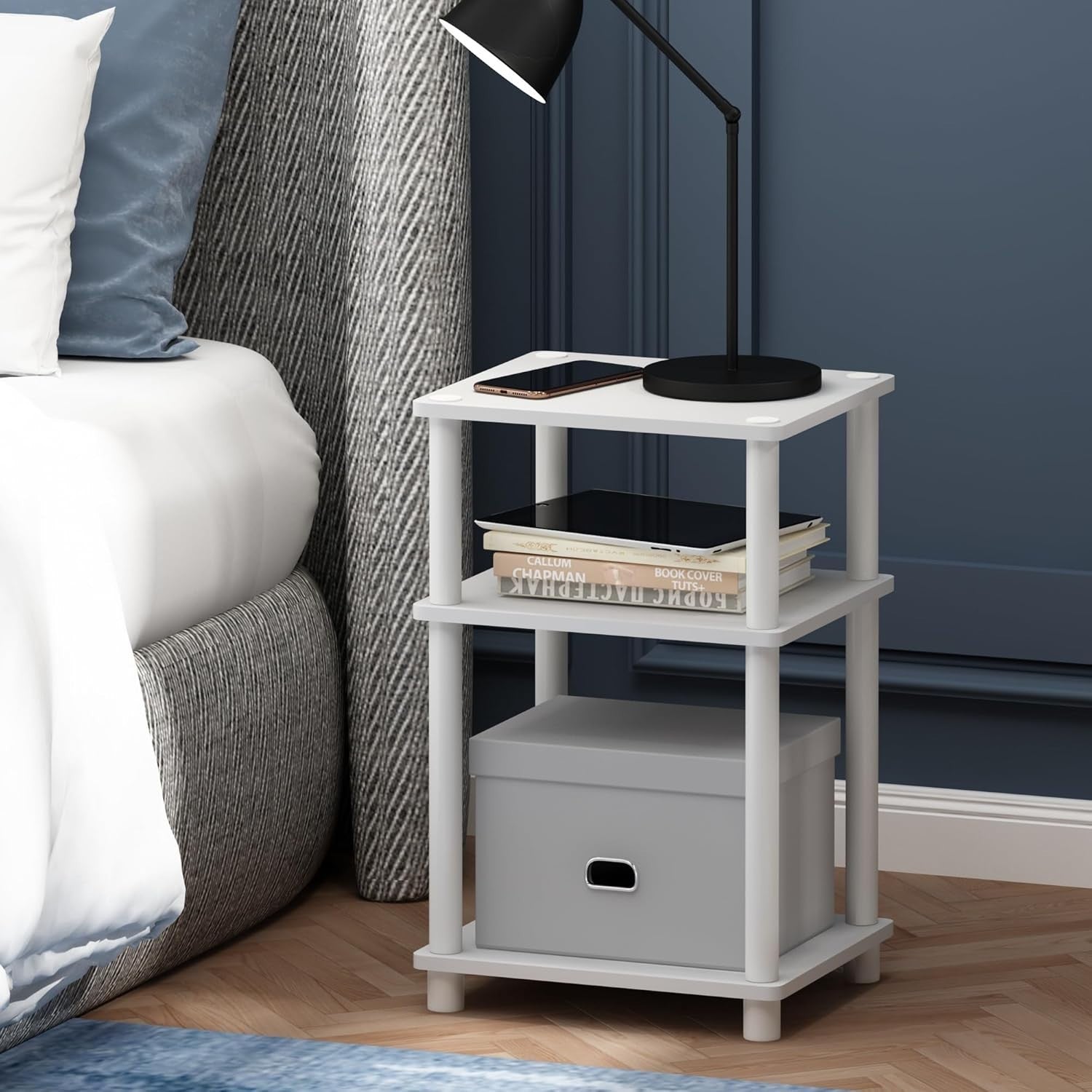 3-Tier End Table – 29x34x58cm Side Table Nightstand White w/ White Tube