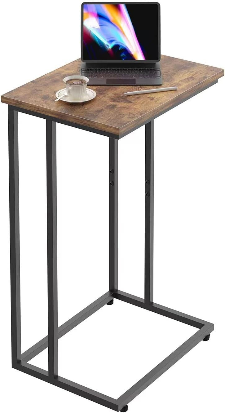 Slim Rustic Brown C Shaped End Table Sofa Couch Bed TV Tray Laptop Stand..