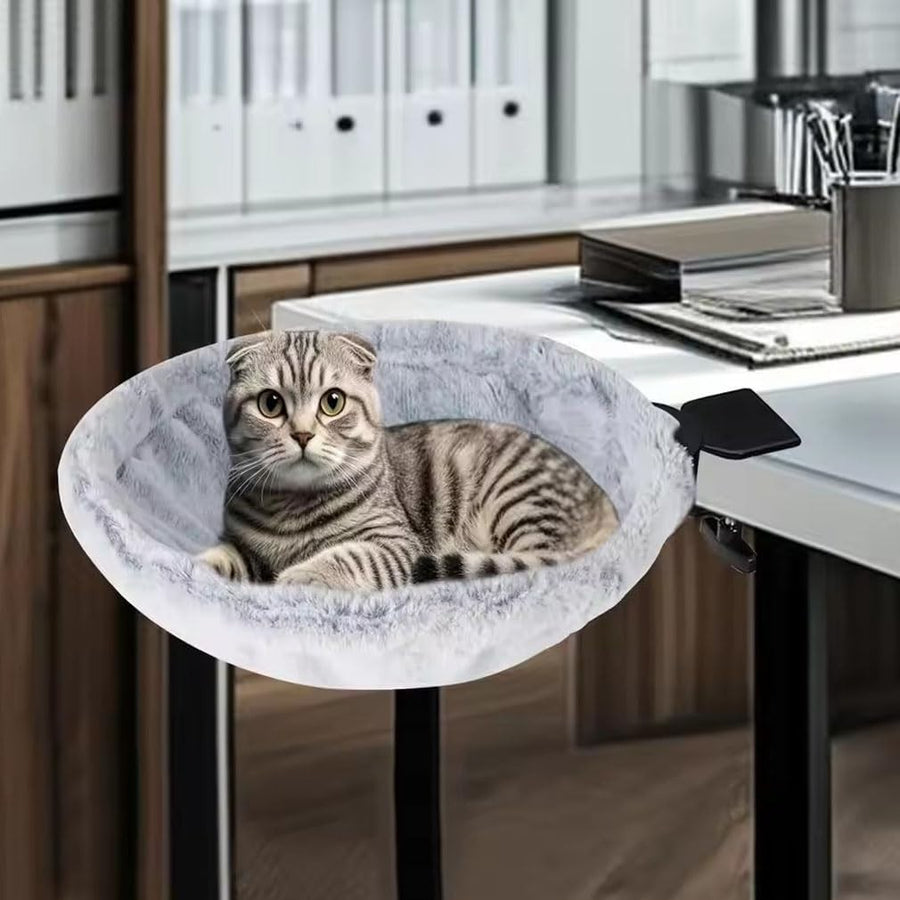 180° Rotating Cat Desk Bed Faux Fur Semi Circle Hammock Gray