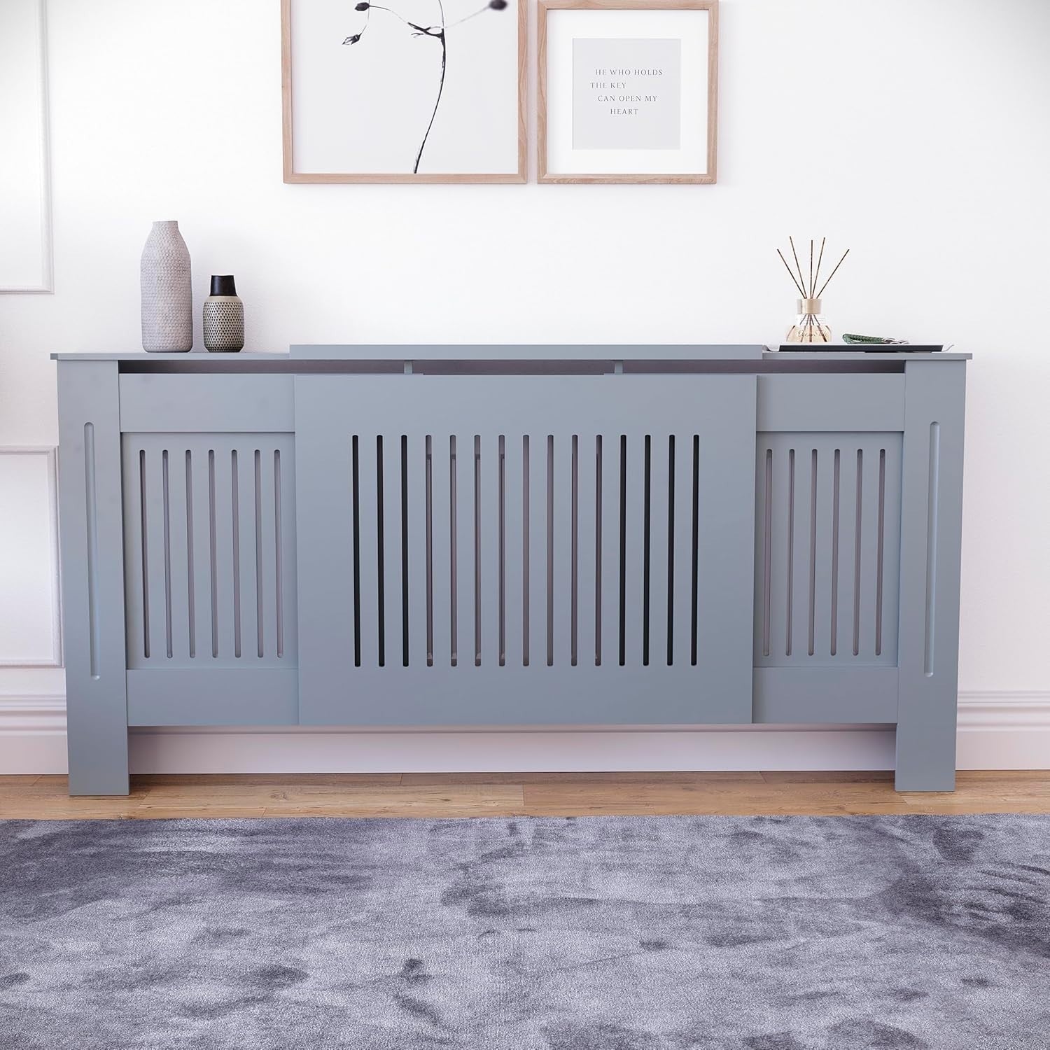 Adjustable Grey Radiator Cover | Modern MDF Slatted Heating Cabinet