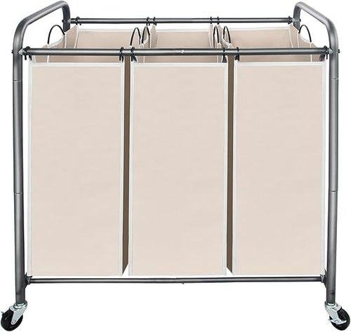 3-Section Rolling Laundry Sorter Cart with Bags & Lockable Wheels Beige 75×43×80