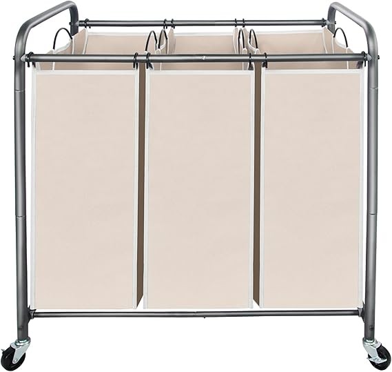 3-Section Rolling Laundry Sorter Cart with Bags & Lockable Wheels Beige 75×43×80