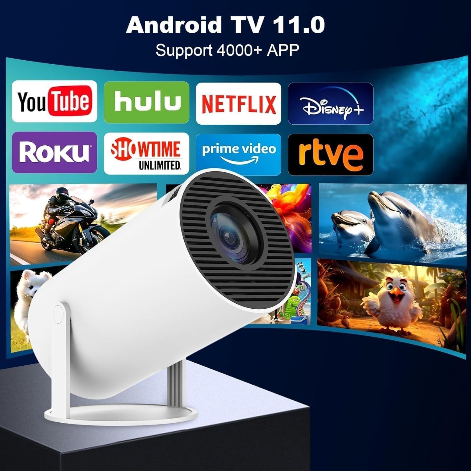 4K Mini Smart Projector Android WiFi 6 Bluetooth 180° Portable