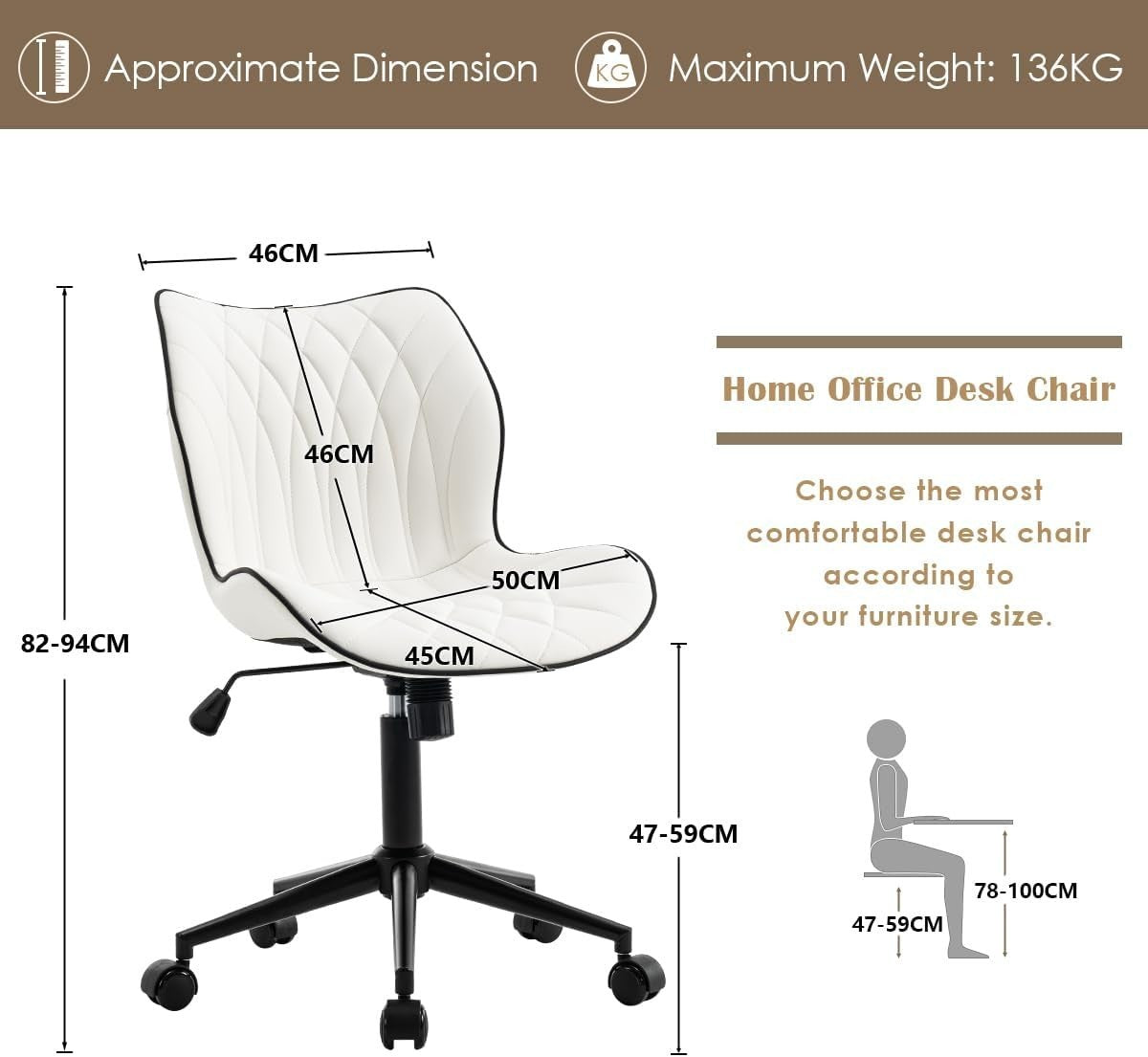 White Faux Leather Swivel Desk Chair Ergonomic Home Office Vanity Rocking Armles