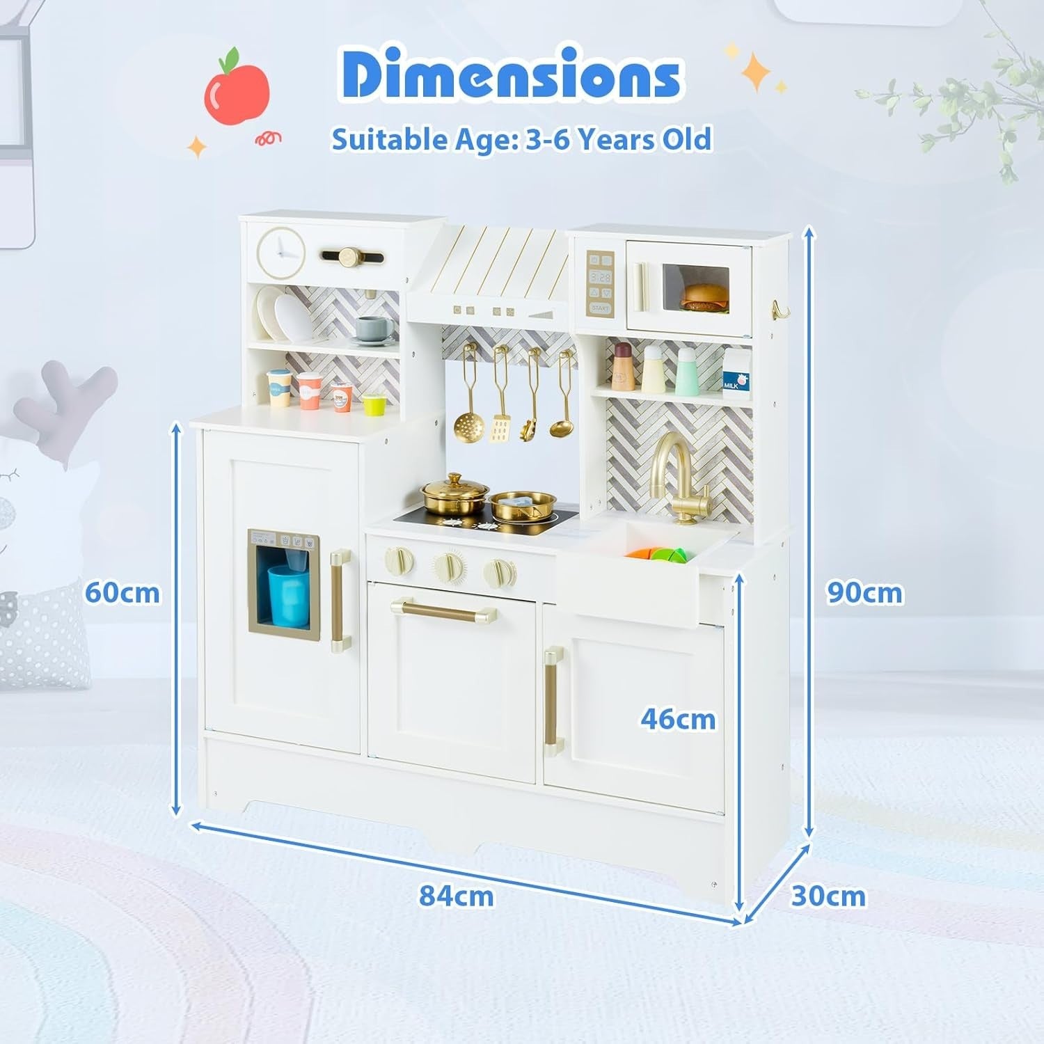 Wooden Kids Play Kitchen White w/ Coffee Station Ice Dispenser