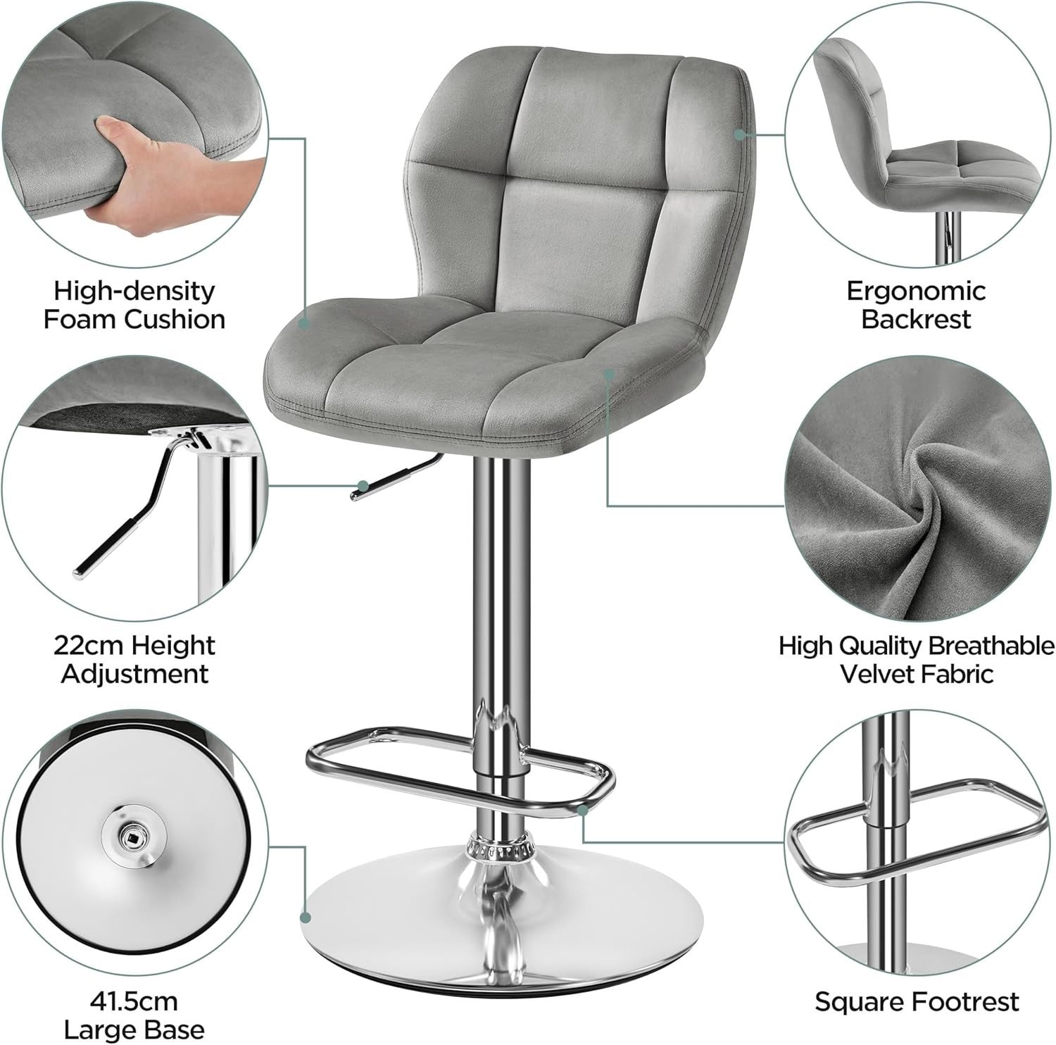 Adjustable Velvet Bar Stools Set of 4 – Swivel Counter Chairs, Modern